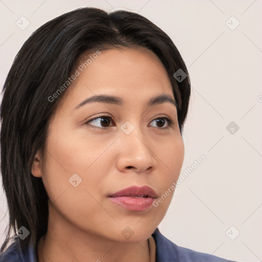 Neutral white young-adult female with medium  brown hair and brown eyes