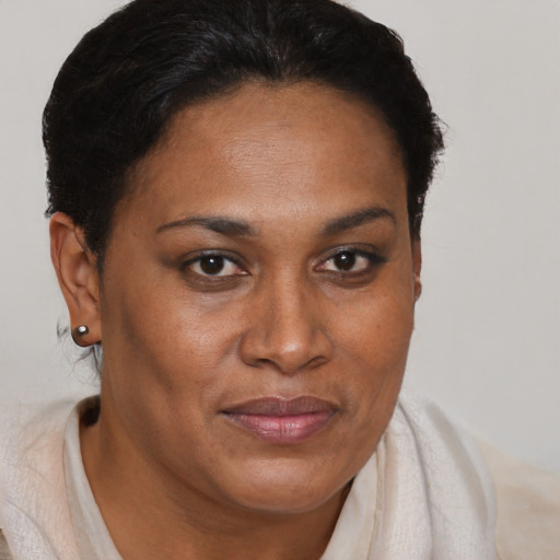 Joyful black adult female with short  brown hair and brown eyes