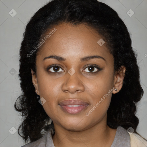 Joyful black young-adult female with medium  black hair and brown eyes