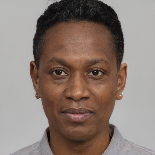 Joyful black adult male with short  black hair and brown eyes