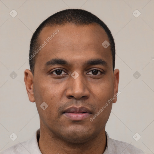 Neutral latino young-adult male with short  black hair and brown eyes