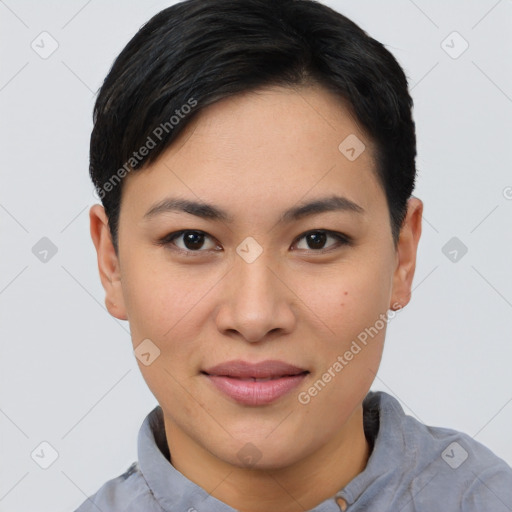 Joyful asian young-adult female with short  black hair and brown eyes