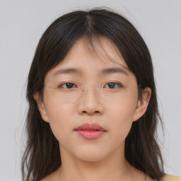 Neutral asian young-adult female with long  brown hair and brown eyes