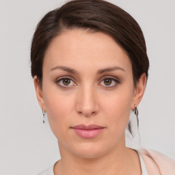 Neutral white young-adult female with short  brown hair and brown eyes