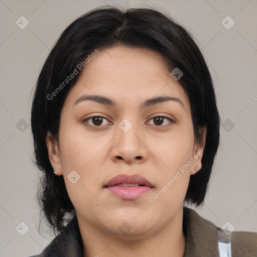 Neutral asian young-adult female with medium  brown hair and brown eyes