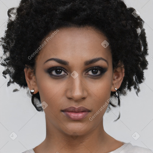 Neutral black young-adult female with short  black hair and brown eyes