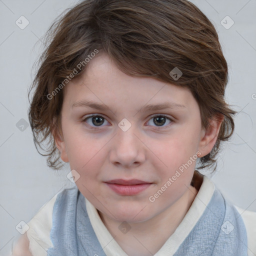 Joyful white child female with medium  brown hair and blue eyes