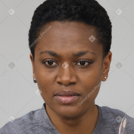 Joyful black young-adult female with short  black hair and brown eyes