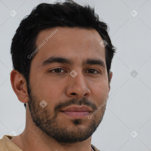 Neutral latino young-adult male with short  brown hair and brown eyes