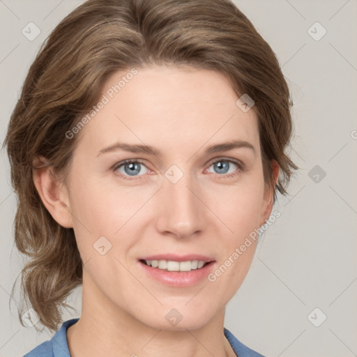 Joyful white young-adult female with medium  brown hair and blue eyes