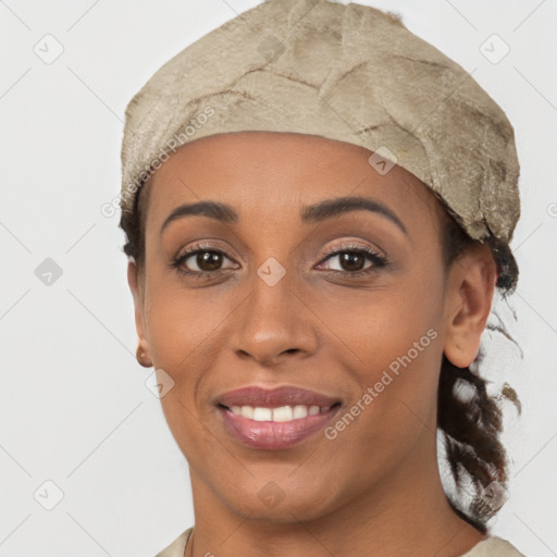 Joyful white young-adult female with short  black hair and brown eyes