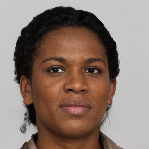 Neutral black young-adult female with short  black hair and brown eyes