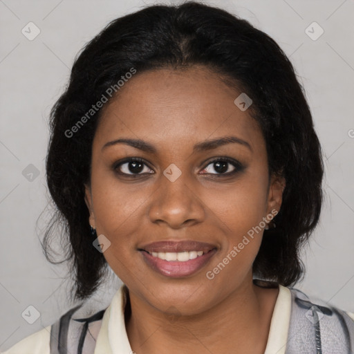 Joyful black young-adult female with medium  brown hair and brown eyes