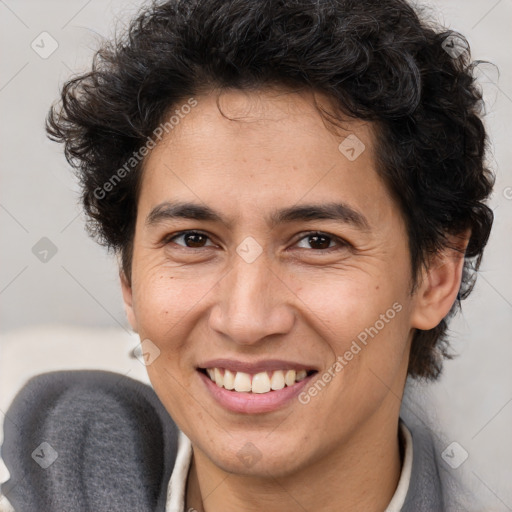 Joyful white young-adult male with medium  brown hair and brown eyes