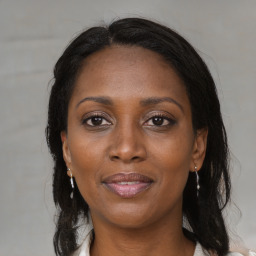 Joyful black adult female with medium  brown hair and brown eyes