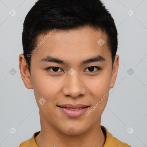 Joyful asian young-adult male with short  brown hair and brown eyes