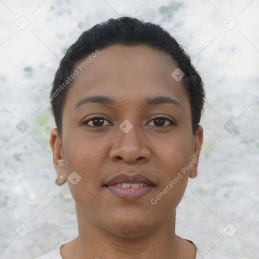 Joyful latino young-adult female with short  brown hair and brown eyes