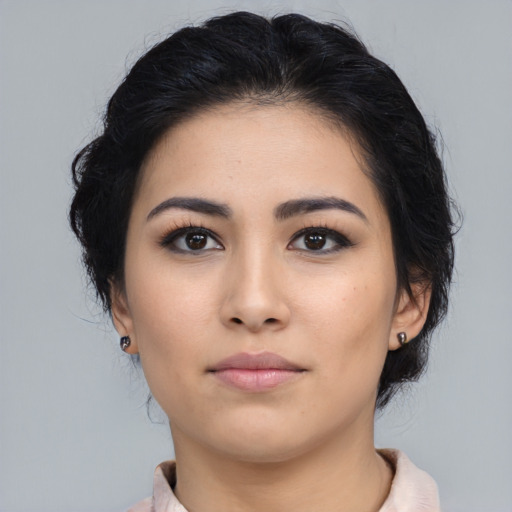 Neutral asian young-adult female with medium  black hair and brown eyes