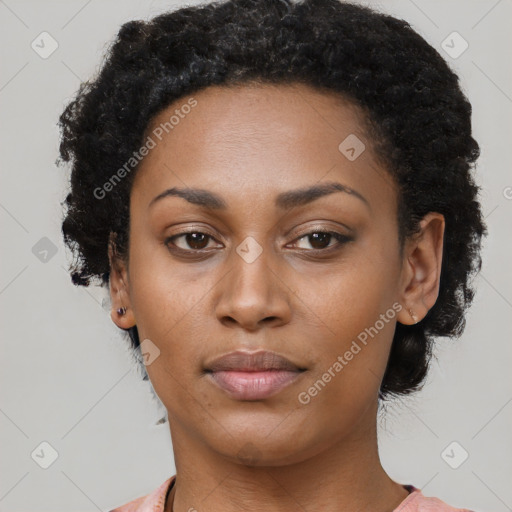 Neutral black young-adult female with short  black hair and brown eyes