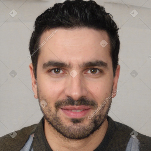 Joyful white young-adult male with short  black hair and brown eyes