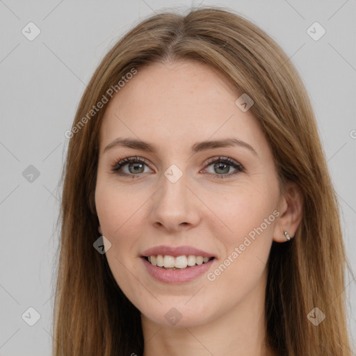 Joyful white young-adult female with long  brown hair and grey eyes