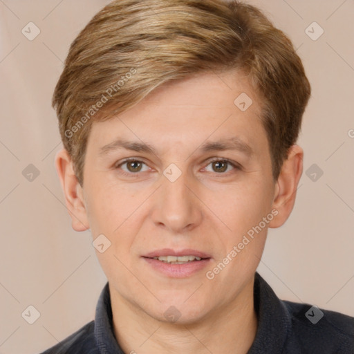 Joyful white adult male with short  brown hair and brown eyes