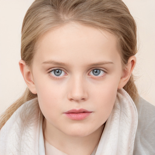 Neutral white child female with medium  brown hair and blue eyes