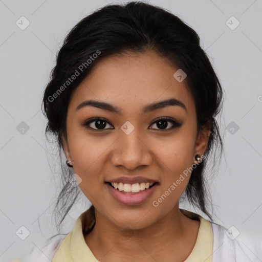 Joyful latino young-adult female with medium  black hair and brown eyes