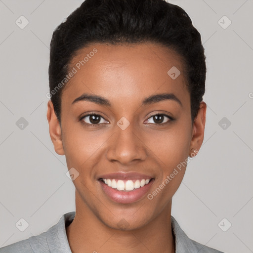 Joyful latino young-adult female with short  black hair and brown eyes