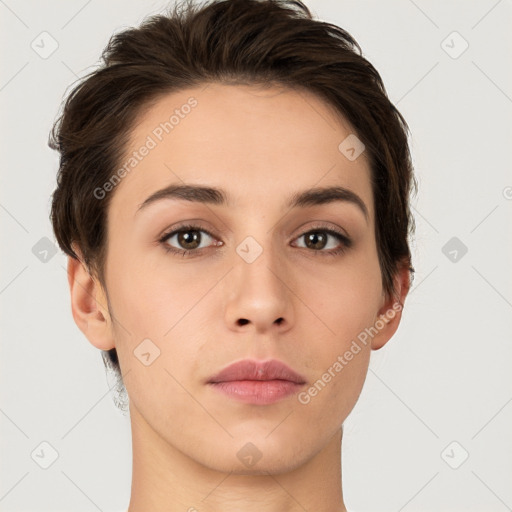 Neutral white young-adult female with short  brown hair and brown eyes