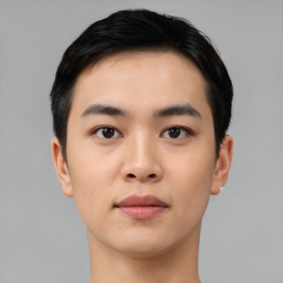 Neutral asian young-adult male with short  black hair and brown eyes