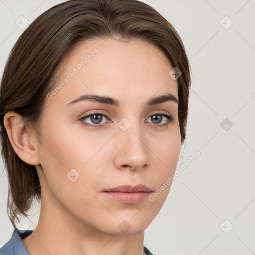 Neutral white young-adult female with medium  brown hair and grey eyes