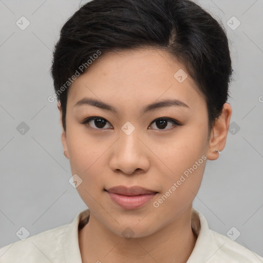 Joyful asian young-adult female with short  brown hair and brown eyes