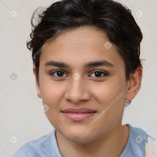 Joyful latino young-adult female with short  brown hair and brown eyes