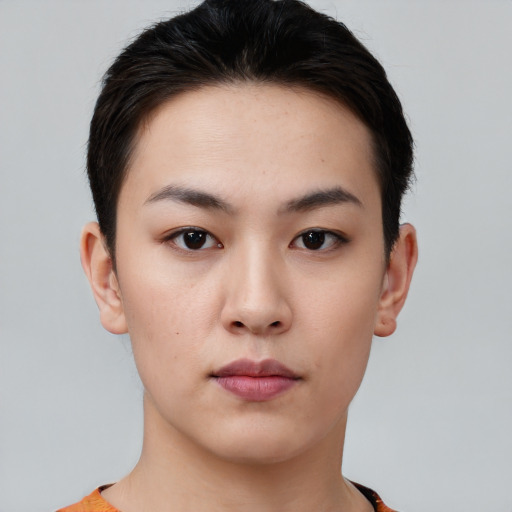 Neutral white young-adult female with short  brown hair and brown eyes