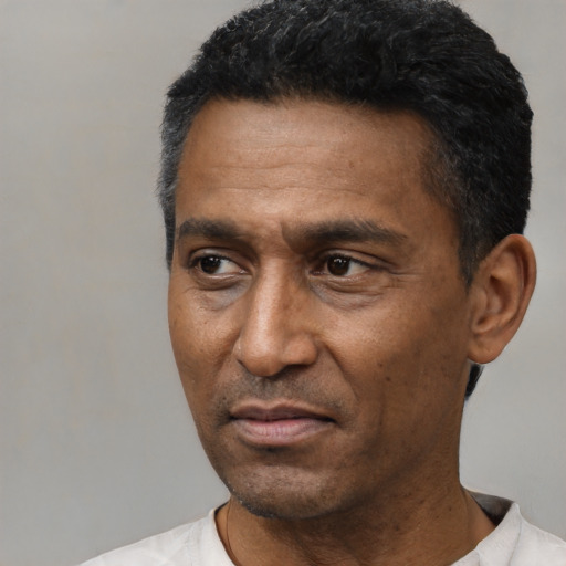 Neutral latino adult male with short  black hair and brown eyes