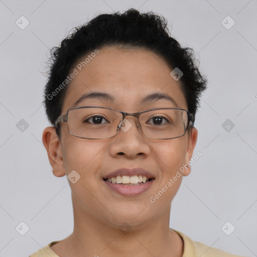 Joyful latino young-adult female with short  brown hair and brown eyes