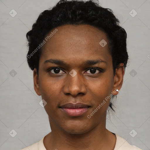 Neutral black young-adult female with short  black hair and brown eyes