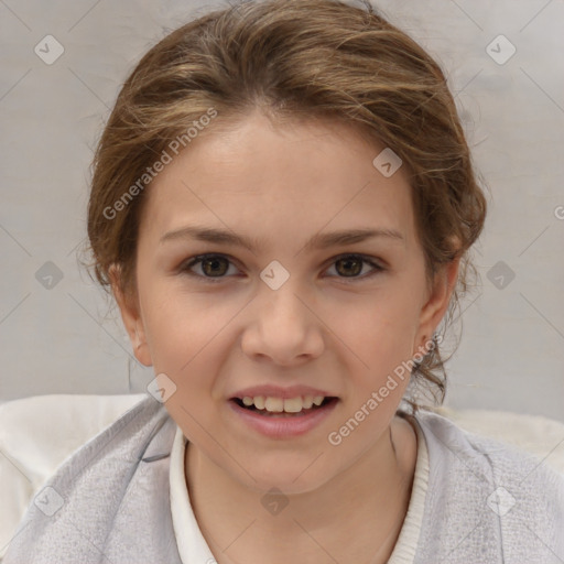 Joyful white child female with medium  brown hair and brown eyes