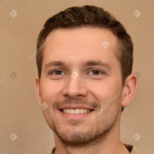 Joyful white young-adult male with short  brown hair and brown eyes