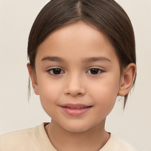 Joyful white child female with medium  brown hair and brown eyes