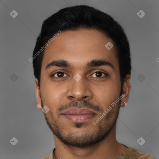 Neutral latino young-adult male with short  black hair and brown eyes