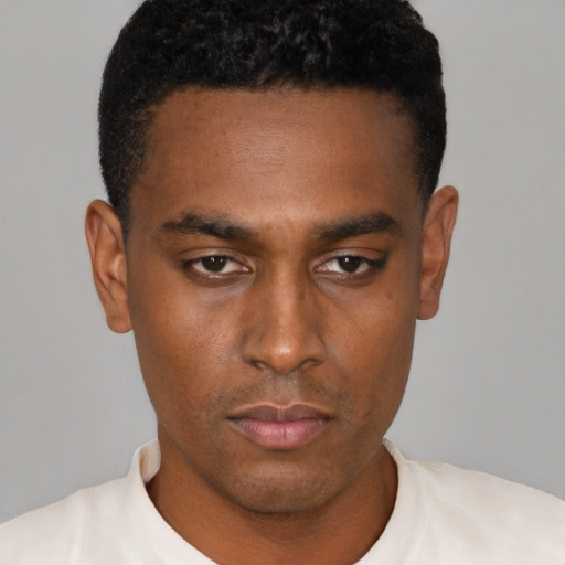 Neutral black young-adult male with short  black hair and brown eyes