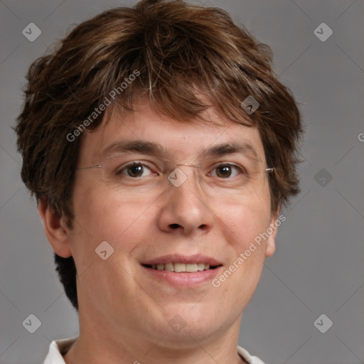 Joyful white adult female with short  brown hair and brown eyes