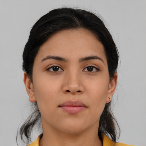 Neutral asian young-adult female with medium  black hair and brown eyes