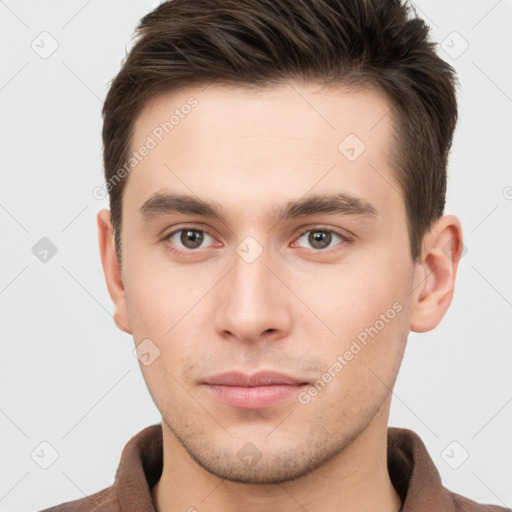 Neutral white young-adult male with short  brown hair and brown eyes