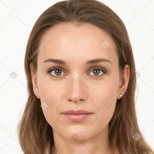 Neutral white young-adult female with long  brown hair and brown eyes