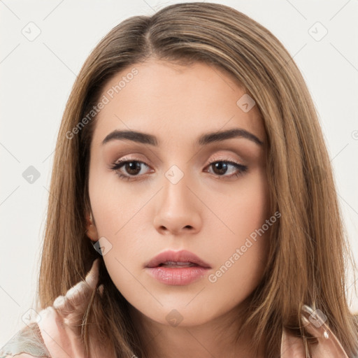 Neutral white young-adult female with long  brown hair and brown eyes