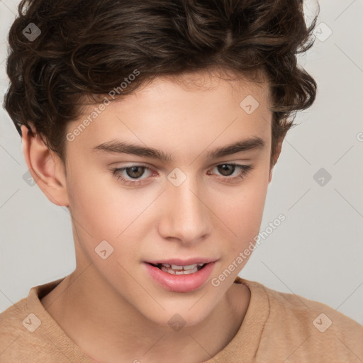 Joyful white child male with short  brown hair and brown eyes