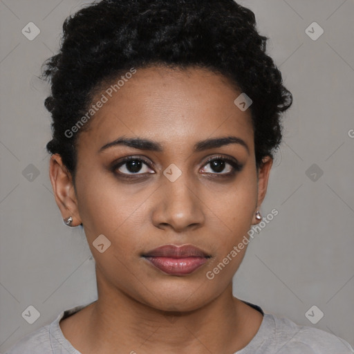 Neutral black young-adult female with short  black hair and brown eyes